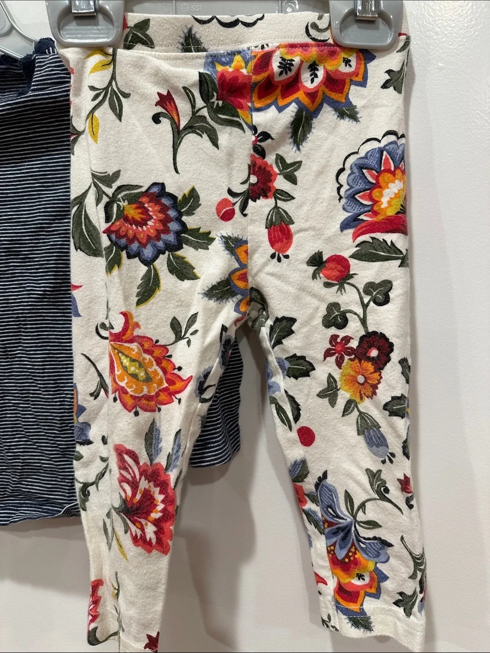 Kids Floral Leggings & Navy Stripe Top Matching Set - Navy & Multi